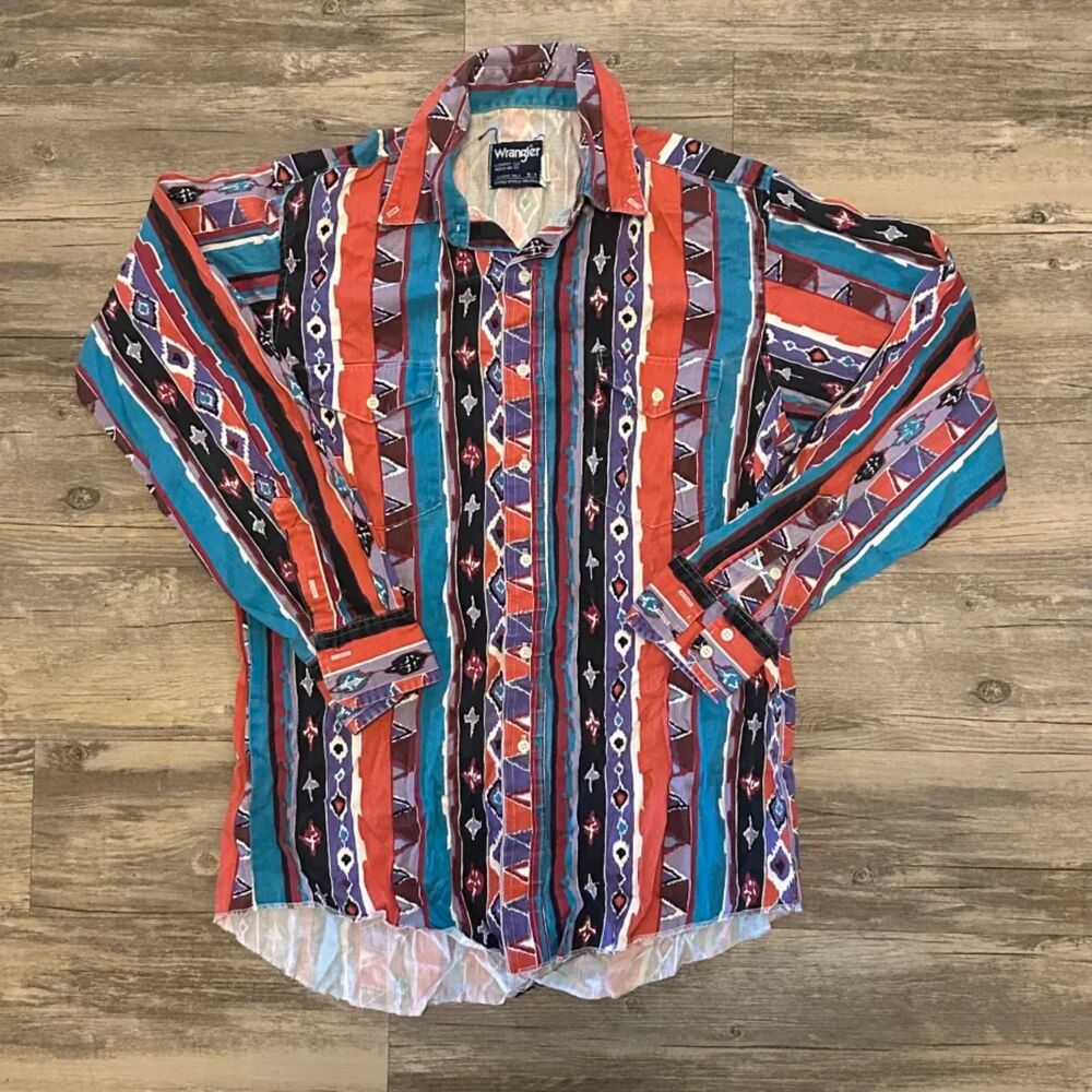 Vintage Wrangler Cowboy Cut Western Aztec Brushpopper Button Shirt Size 16-34